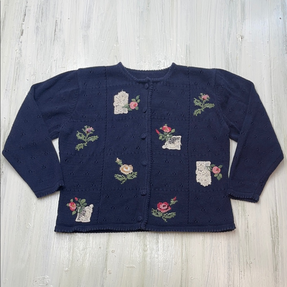 Navy Blue Floral Embroidered Vintage Sweater Sz S